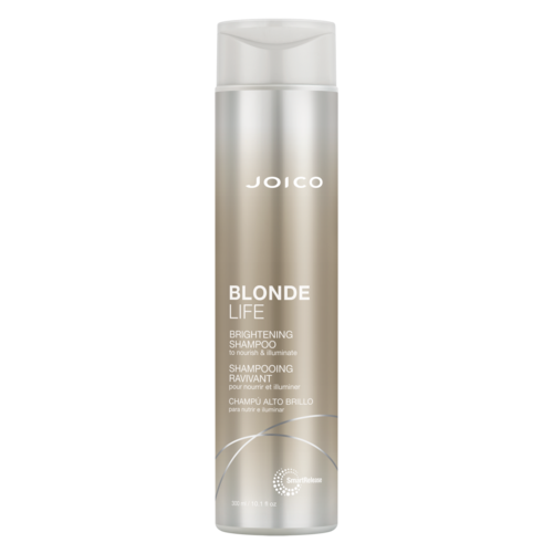 Długa, srebrna butelka z napisem 'Joico Blonde Life Brightening Shampoo' do pielęgnacji włosów.