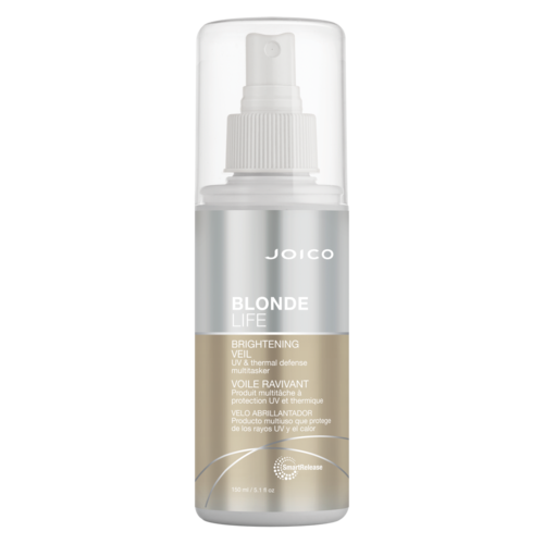 A spray bottle labeled 'Joico Blonde Life Brightening Veil' for hair, with a white and silver color design.