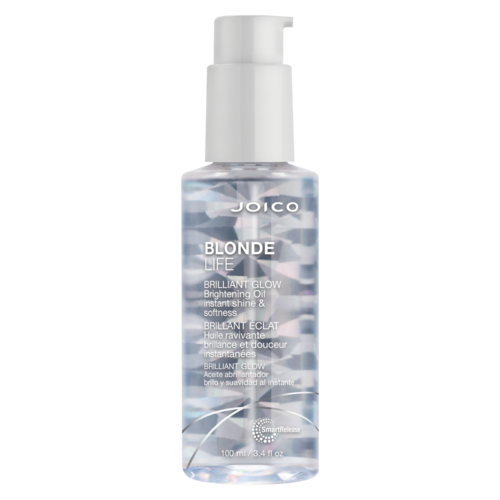 En genomskinlig flaska med pump innehåller Joico Blonde Life Brightening Oil för glänsande, mjukt blont hår.