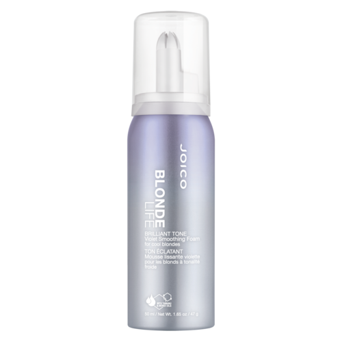 En flaska med Joico Blonde Life violet smoothing foam för blondiner, med pump och silverfärg.