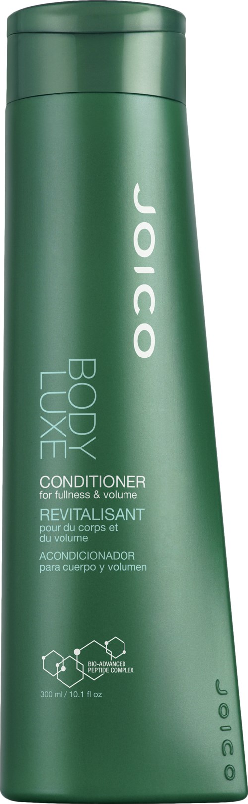 Grön flaska med vit text, märkt JOICO Body Luxe Conditioner för volym och fyllighet, med kemiska symboler och mått.