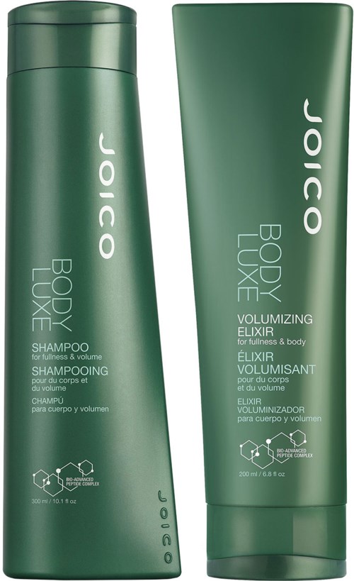 Två gröna flaskor med Jojco Body Luxe-produkter, en schampo och en elixir, för hårfullhet och kroppens volym.