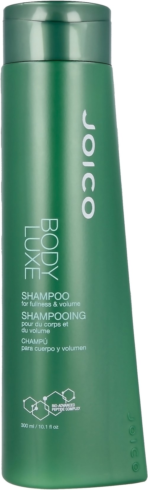 Grön flaska märkt 'Jojoba Body Luxe Shampoo' för hårvård, storlek 300 ml.