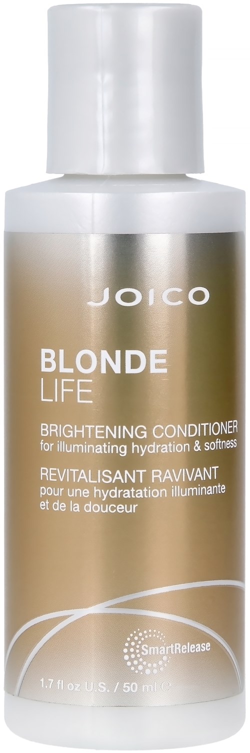 En liten, hvit flaske av Joico Blonde Life Brightening Conditioner for hår. Den hevder å hydrere og mykgjøre håret.