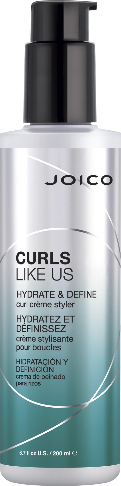 A white and teal bottle of Joico Curls Like Us styling cream with a black pump cap.