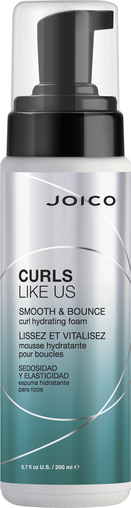 Valkoinen ja tummansininen Joico Curls Like Us -sumutepullo, jossa pumppaus ja tuotetiedot.