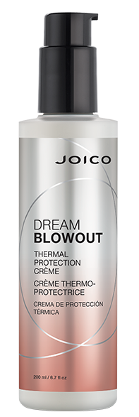 En hvid flaske med sort pumpe siger Joico Dream Blowout termisk beskyttelsescreme, 200 ml.