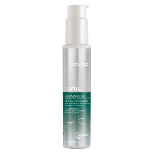 A white bottle with a pump and green label. It says Joico JOIFULL, a volumizing spray for hair.