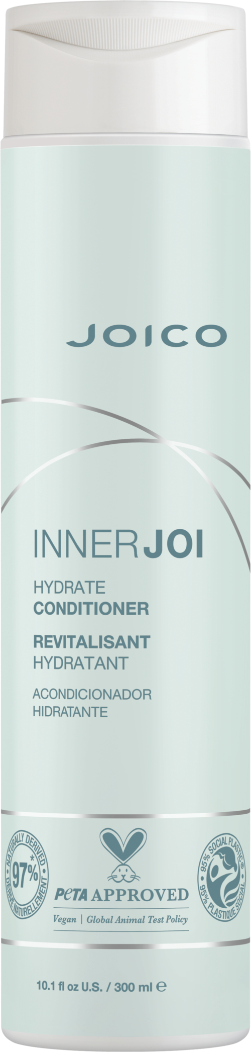 A light blue bottle of Joico Inner Joi Hydrate Conditioner with a white cap. Contains labels and certification icons.
