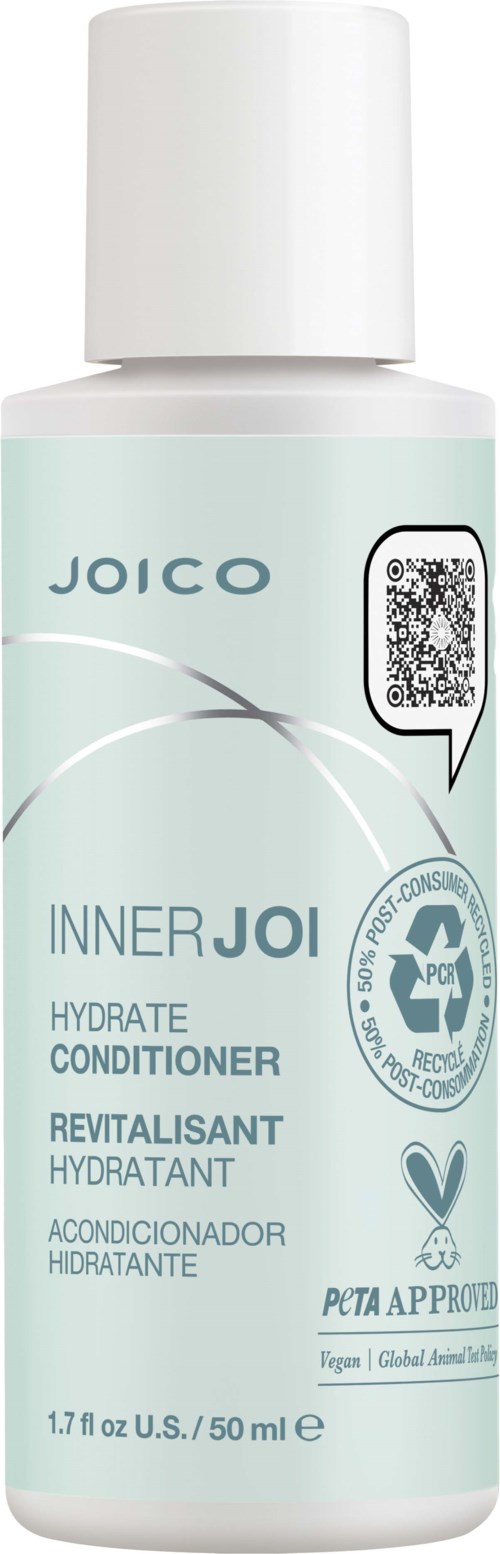 En liten hvit flaske merket Joico Inner Joi Hydrate Conditioner med QR-kode og PETA-godkjent ikon.