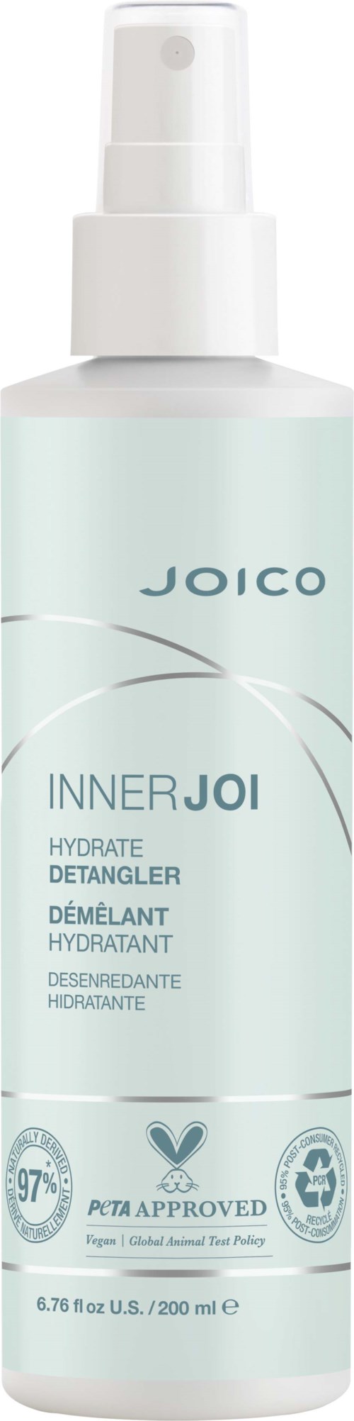 En vit sprayflaska märkt Joico Inner Joi Hydrate Detangler, med spraymunstycke, står mot en vit bakgrund.