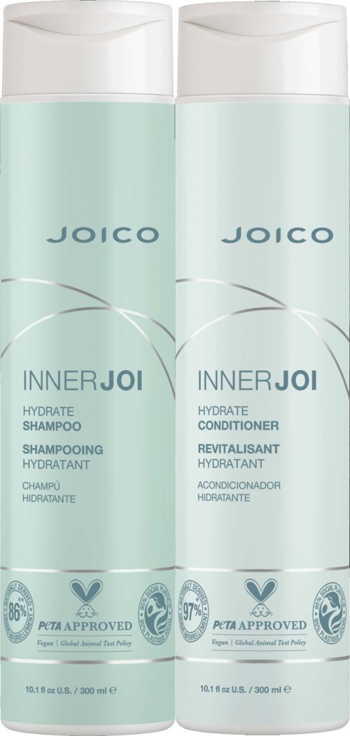 Två flaskor av Joico Inner Joi schampo och balsam i ljusblå förpackning.