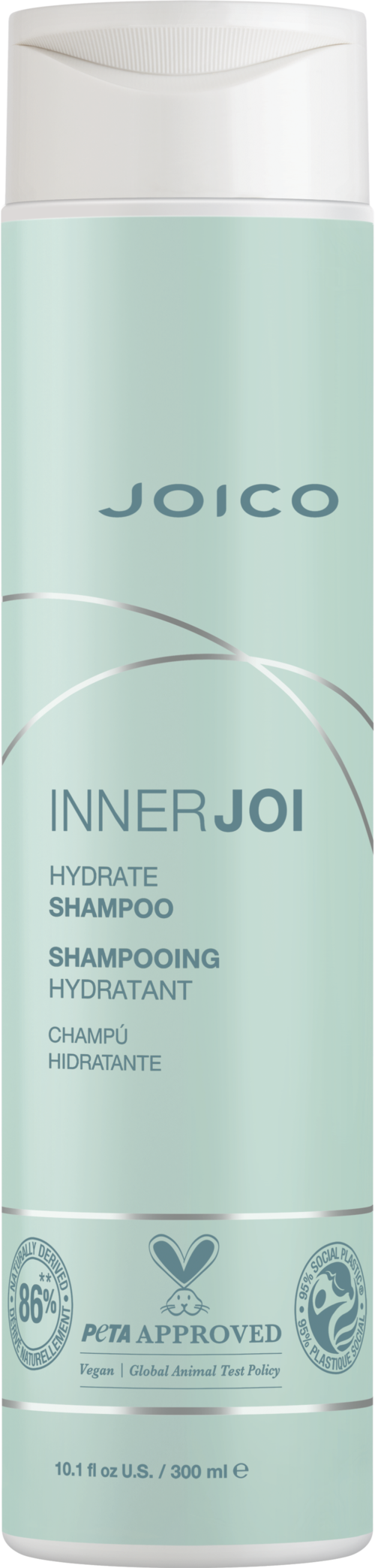 En lång, ljusgrön flaska med JOICO Inner Joi Hydrate Shampoo, vit kork och etikett. Innehåller återfuktande egenskaper.