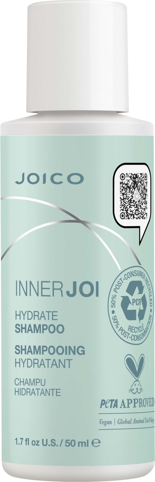 En liten ljusblå flaska med Joico Inner Joi hydratiserande schampo med vit lock, PETA godkänd logga och QR-kod.