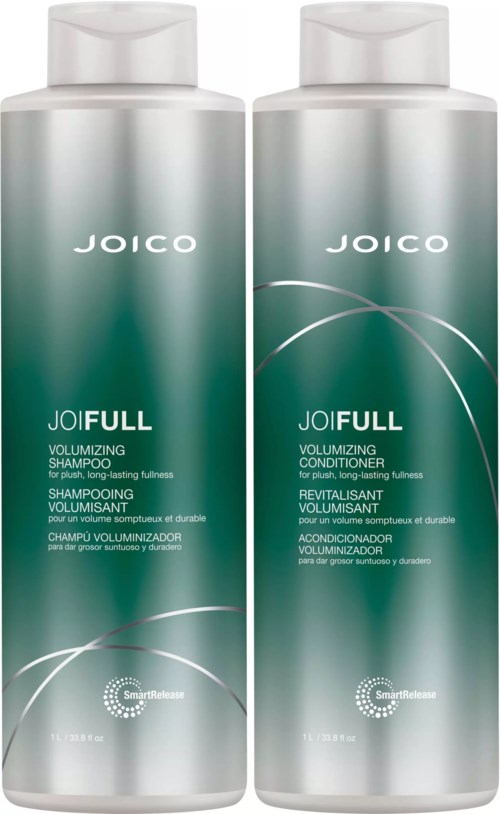 Zwei silberne Flaschen von Joico JOIFULL volumisierenden Shampoo und Conditioner mit weißen Deckeln.