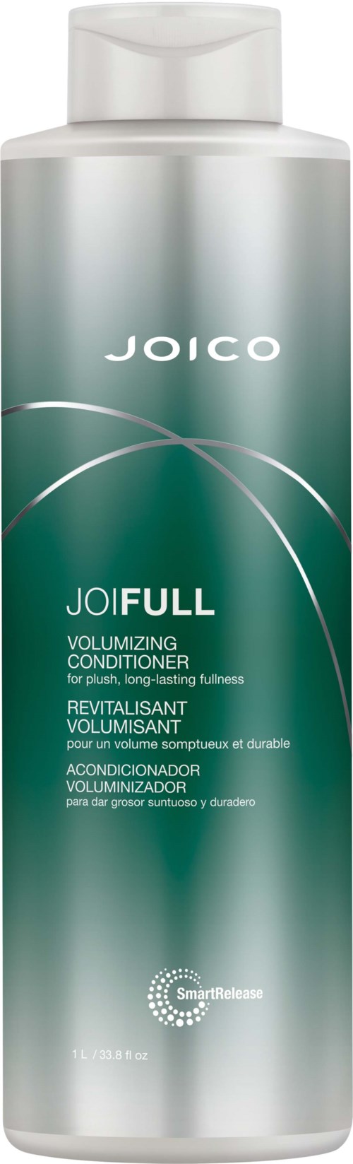 Eine lange, zylindrische Flasche mit Joico Joifull volumisierende Spülung mit weißem Deckel und grüner Gradientbeschriftung.