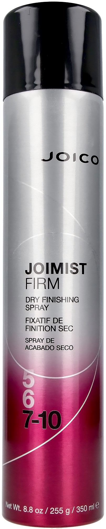 A silver and black spray can with pink at the bottom, labeled Joico Joimist Firm, for drying and finishing hair.