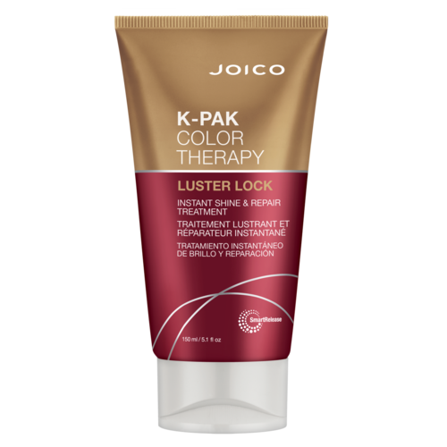 A tube of Joico K-Pak Color Therapy Luster Lock hair treatment, gold and burgundy colors, with product details on the front.