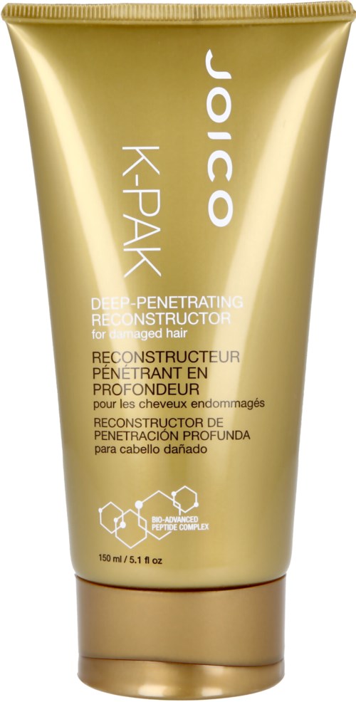Guldfärgad tub med Joico K-Pak Deep-Penetrating Reconstructor för skadat hår.