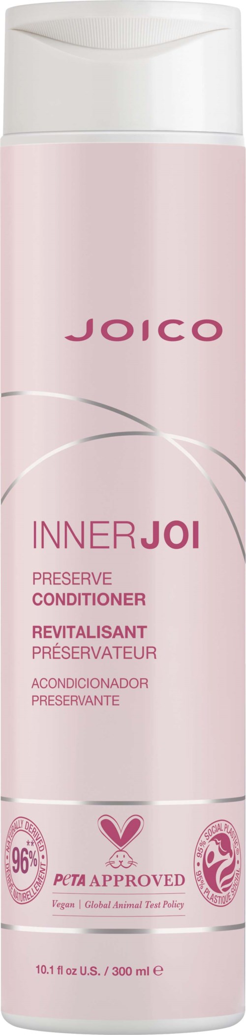 En rosa och vit flaska med Joico Inner Joi Preserving Conditioner, med produkt- och certifieringsetiketter.