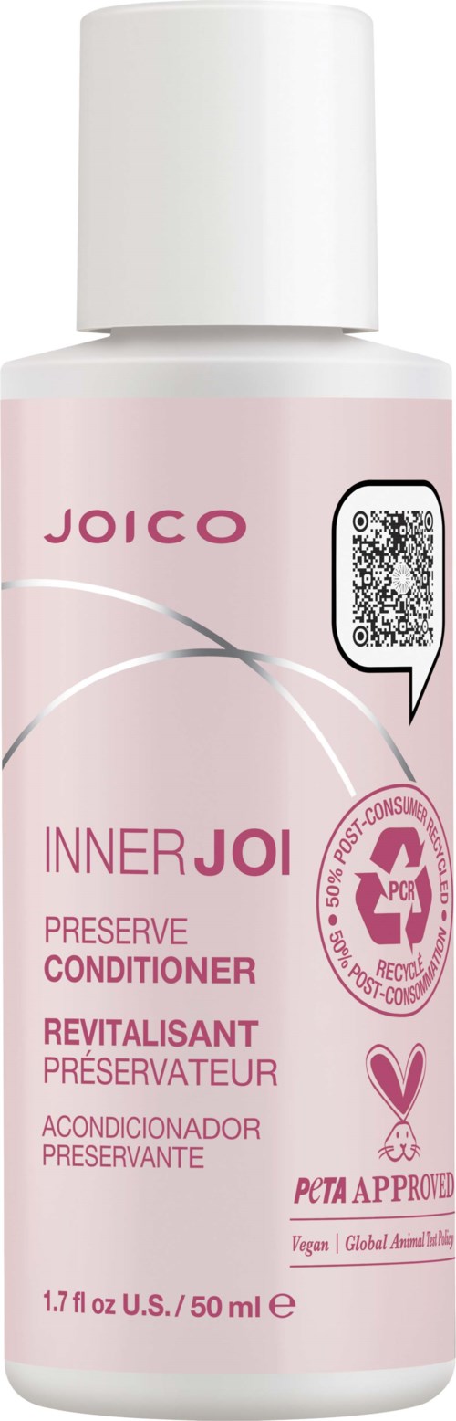 Lyse rosa flaske merket Joico Inner Joi Preserve Conditioner, vegansk, cruelty-free, PETA-godkjent, 50 ml.
