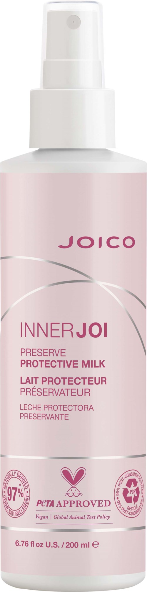 En rosa flaske med sprayhode, merket JOICO, Inner Joi, og beskriver beskyttende melk med konserveringsmiddel.