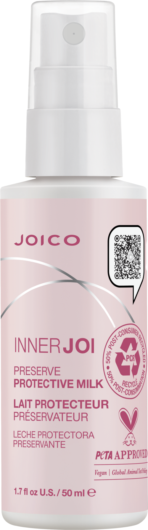 En rosa flaske med hvit sprayhette, merket 'JOICO INNERJOI Preserve Protective Milk' med resirkulering og dyrevelferdssymboler.