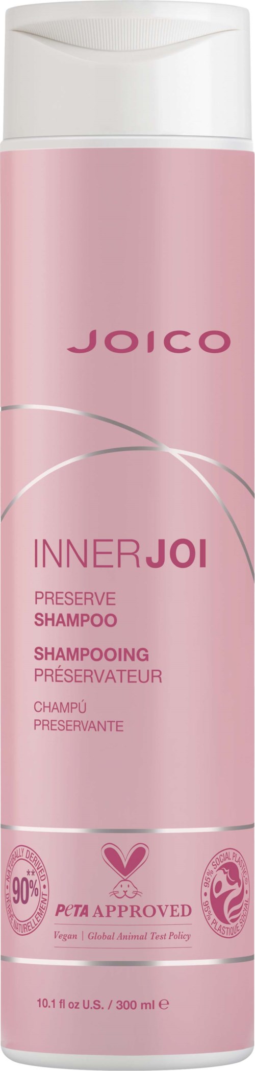 Rosa flaska med Joico Inner Joi Preserve Shampoo med vit lock och glittrande design. Innehåller 250 ml.