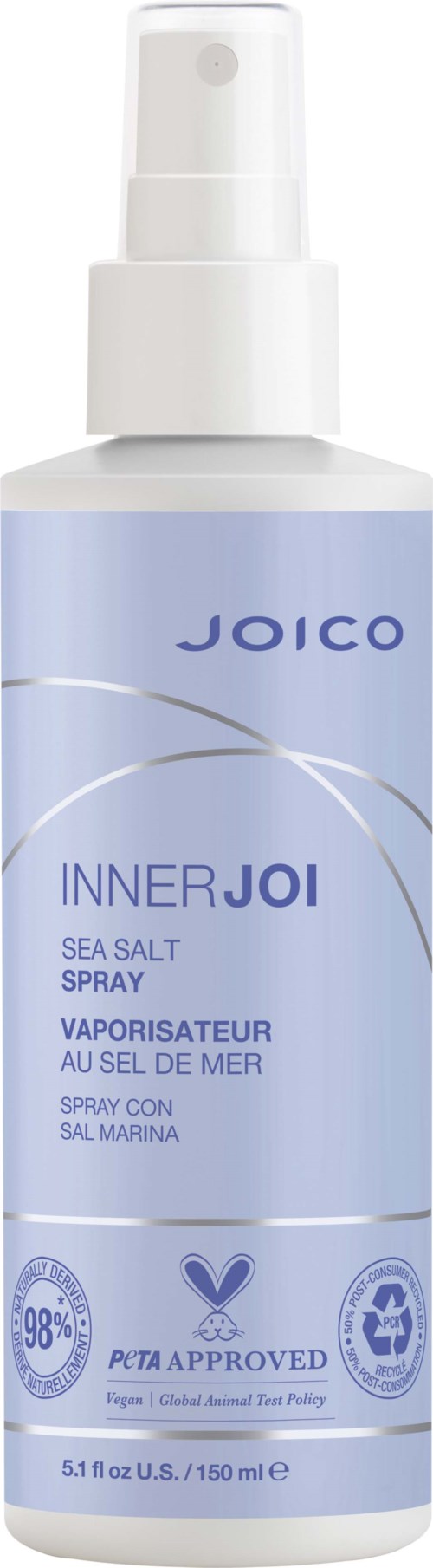 En vit sprayflaska märkt Joico Inner Joi Seasalt Spray, med blå och silverdesign och symboler som visar säkerhet.