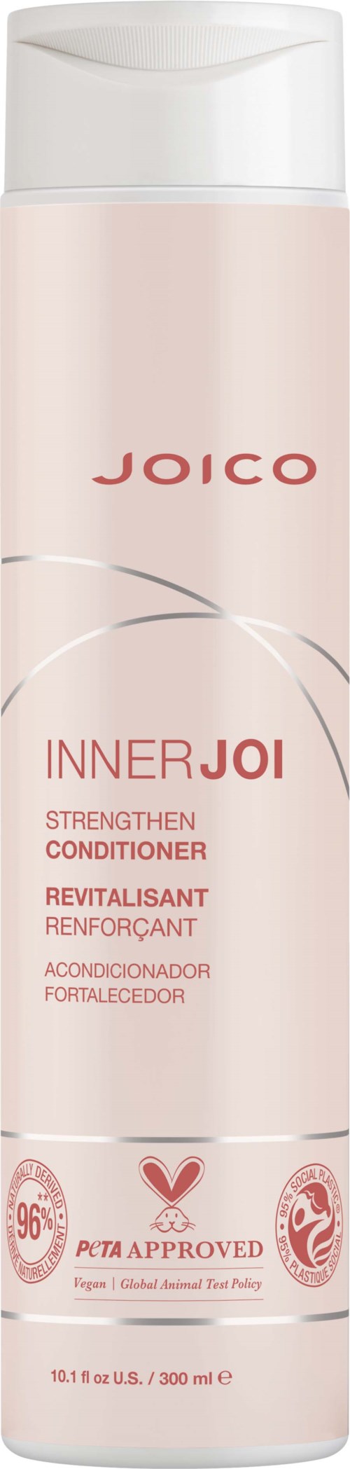 En lång, vit flaska med rosa och röda text och symboler, märkt som Joico Inner Joi balsam.