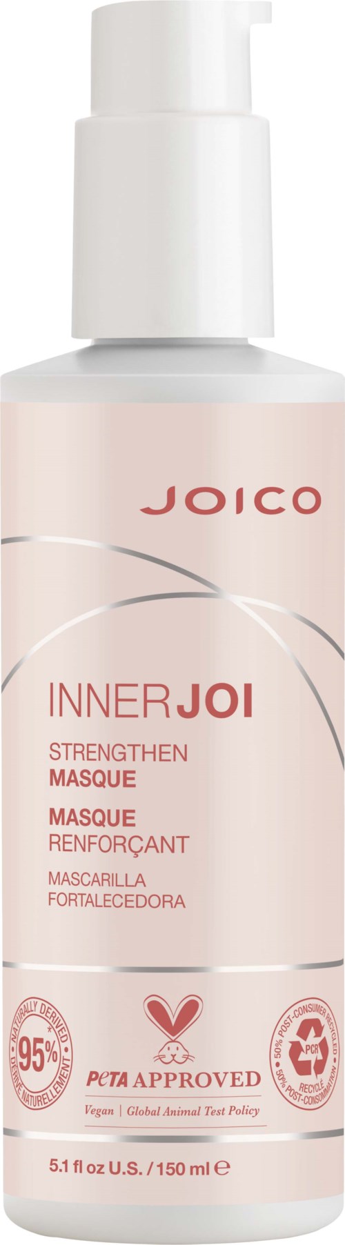 Eine weiße Flasche mit Pumpe, beschriftet 'Joico Inner Joi Strengthen Masque', zeigt es ist ein Haarpflegemittel.