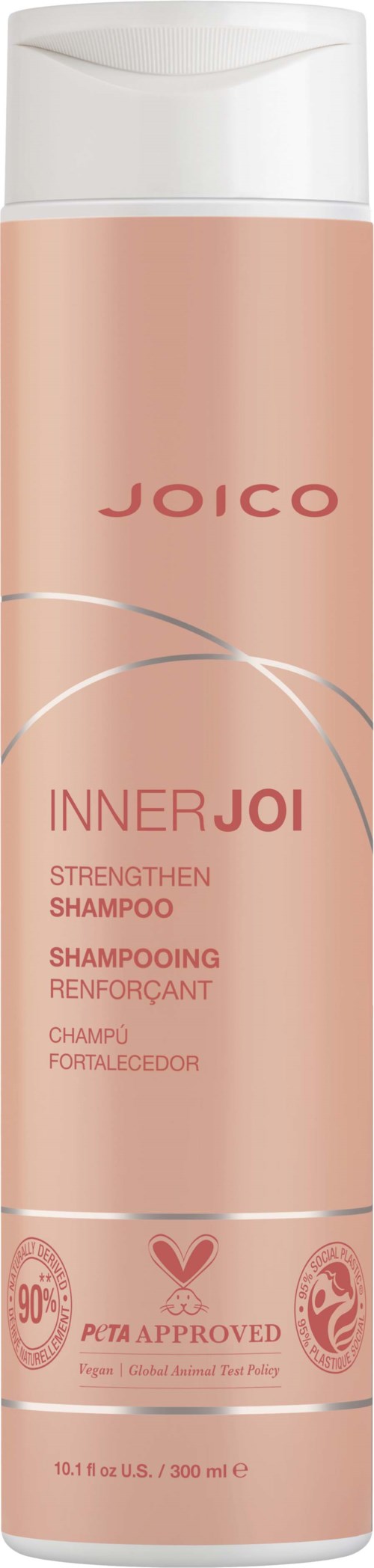 En rosa flaska med Joico Inner Joi Strengthen Shampoo, vit lock och certifieringslogotyper.