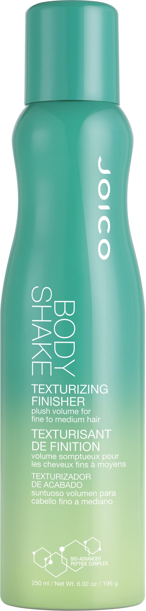En turkis flaske med en buet form merket 'JOICO' og 'Body Shake Texturizing Finisher' for hårstyling.