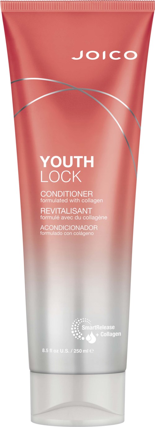 En rosa og hvit tube med Joico Youth Lock Conditioner med kollagen skrevet på.
