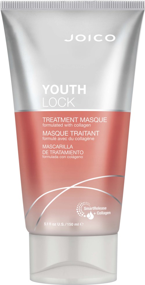 En tub med JOICO Youth Lock Treatment Masque i silver- och rosa färger, innehållande kollagen för hårvård.