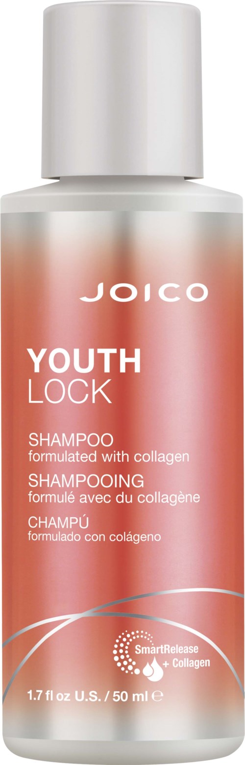 A shampoo bottle labeled 'Joico Youth Lock' with a gray cap, pink and silver design, and text about collagen.