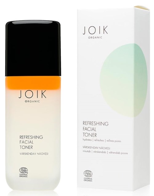 A facial toner bottle and box, labeled JOIK Organic Refreshing Facial Toner, shown with black and orange cap.