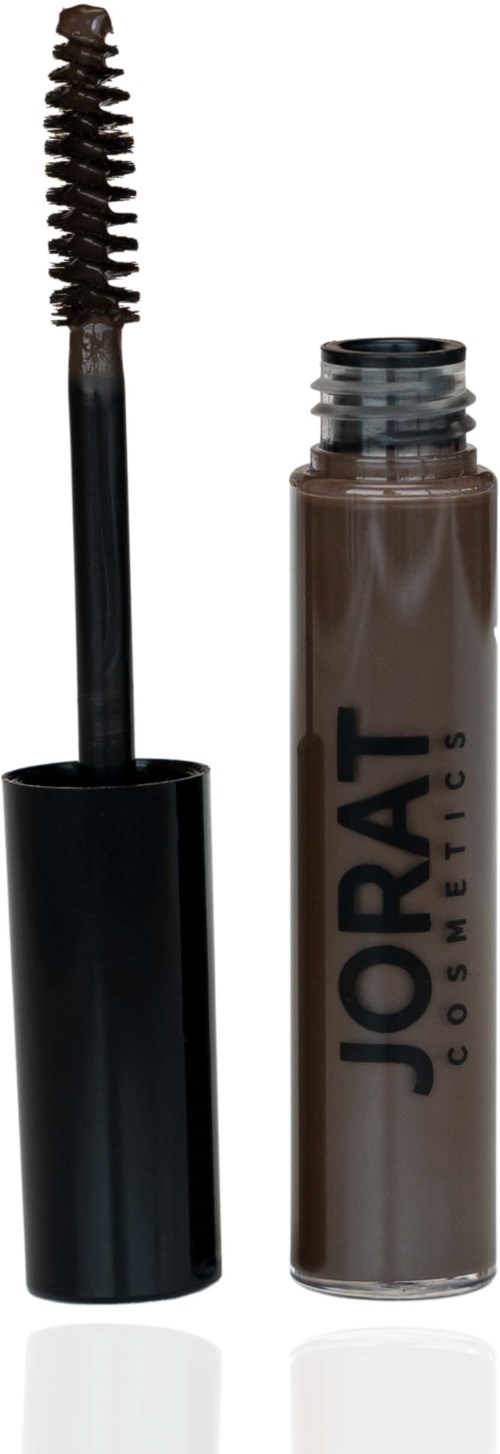Brun JORAT Cosmetics flydende produkt, med pensel og flaske. Pensel til påføring.