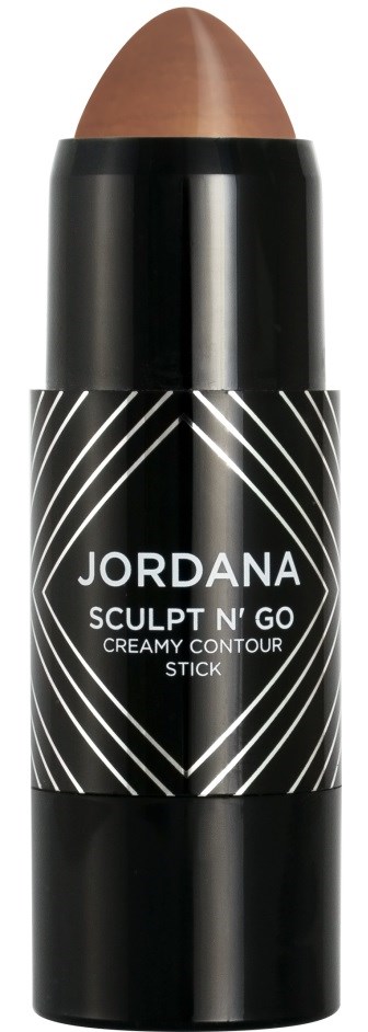 En makeupcontour-stift med brunt färg, svart och vitt förpackning, märkt 'Jordana Sculpt N' Go.'