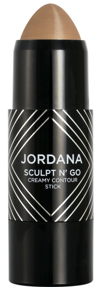 En kosmetikpinne med svart och vitt design, märkt 'Jordana Sculpt N' Go Creamy Contour Stick', med en beige makeup-topp.