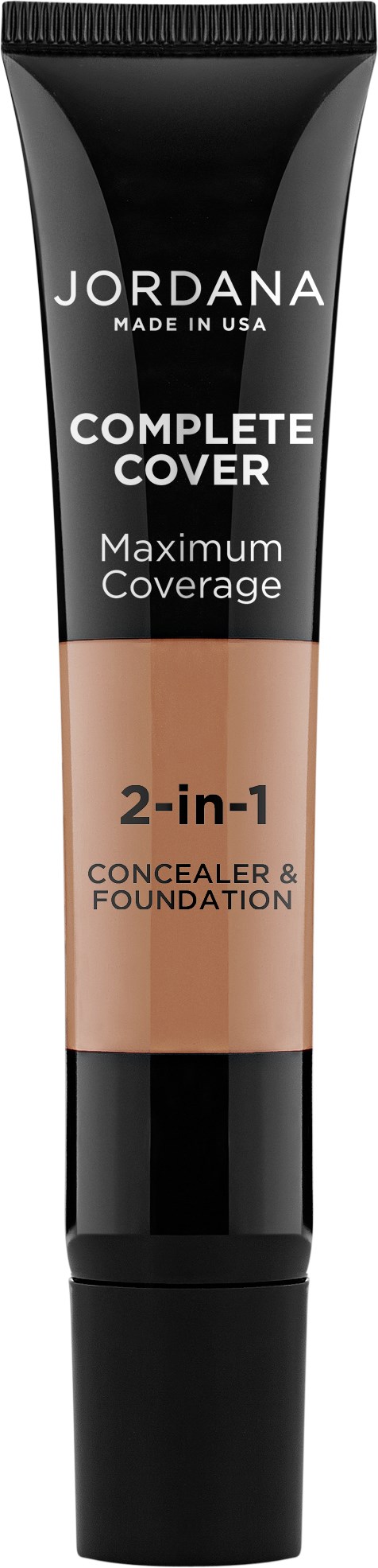 En tub med Jordana 2-i-1 Concealer och Foundation för full täckning, med svart och beige förpackning.