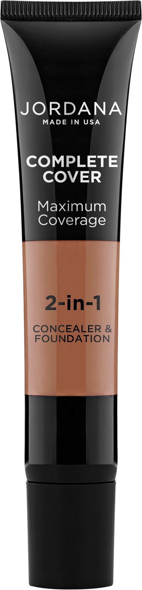 En tub med Jordana 2-i-1 concealer och foundation i svart och beige för full täckning.