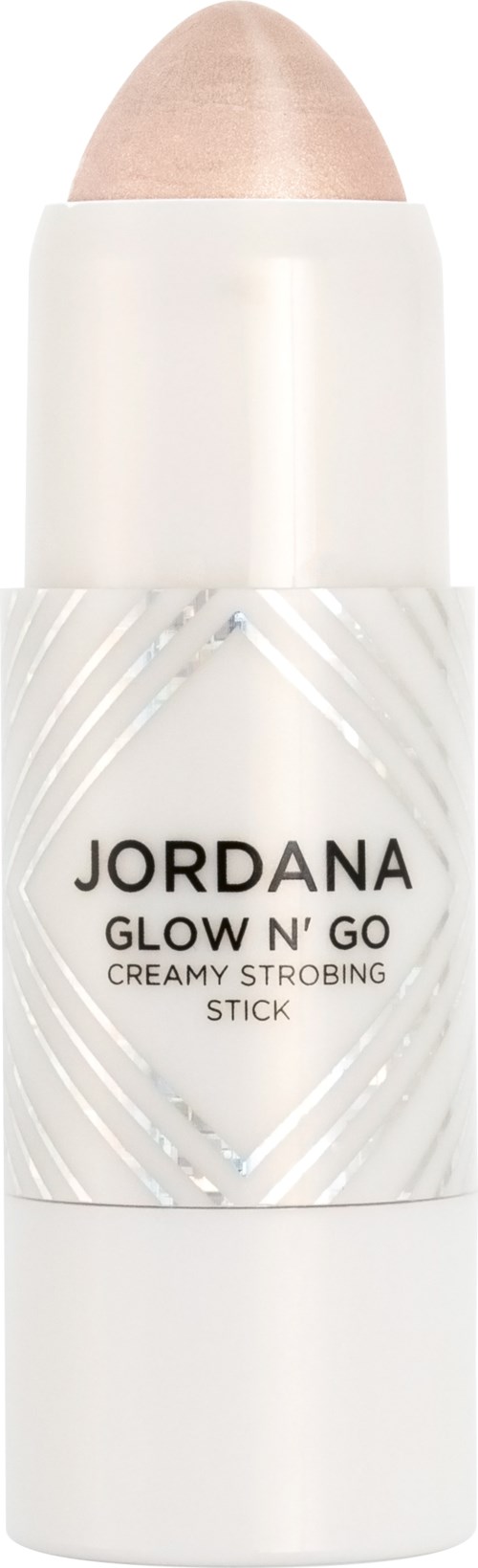 Krämig brun makeup-stift med vit behållare, märkt 'Jordana Glow N' Go,' för highlighting eller contouring.