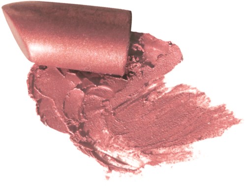 En rosa, krossad makeup-sticka med färg utspridd. Den har en metallisk, cylindrisk del längst upp.