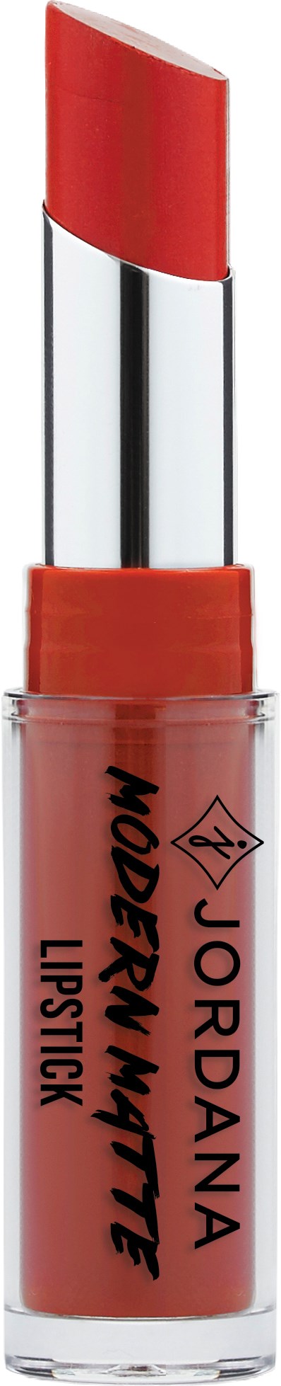 En röd läppstift med silver- och genomskinligt fodral, märkt 'Jordana Modern Matte Lipstick'.