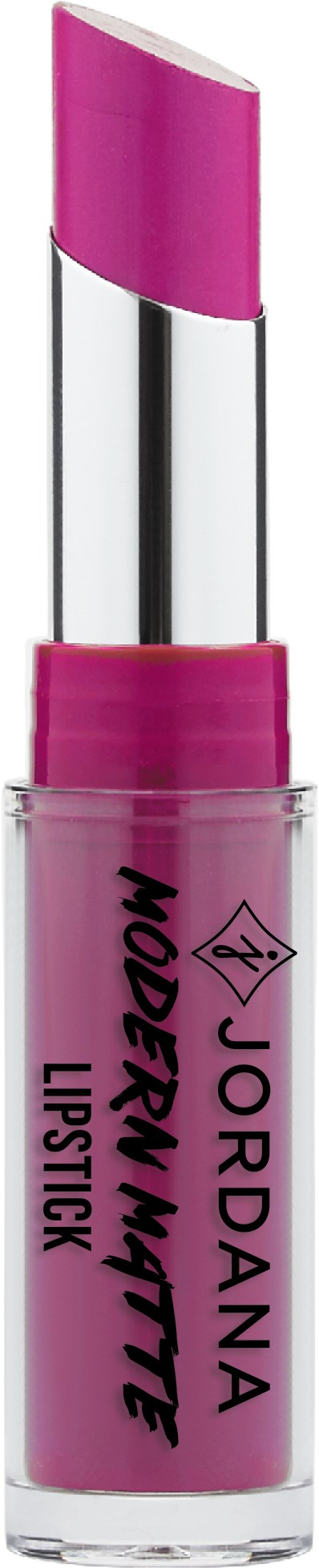 Rosa läppstift i ett genomskinligt rör med svart text och symbol. Det står 'JORDANA MODERN MATTE LIPSTICK'.
