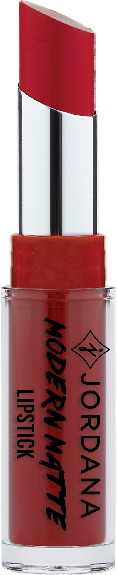 Ett rött läppstift med ett silverfodral och svart text på tuben som säger 'JORDANA MODERNMATTE LIPSTICK'.