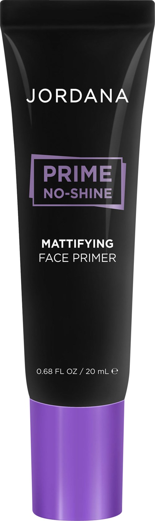En svart tube med lilla lokk. Det er en ansiktsprimere kalt Jordana Prime No-Shine Mattifying. Klar tekst på røret.