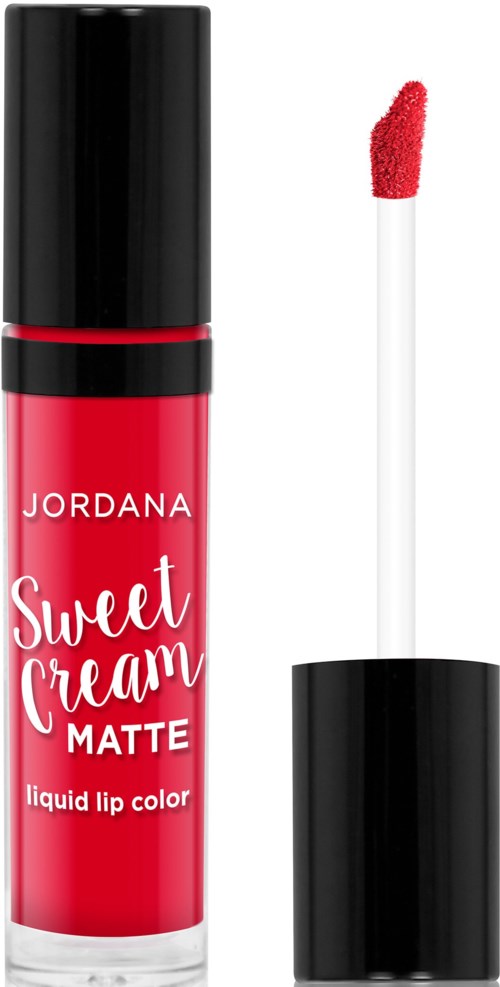En flydende læbestift med sort hætte, rød krop og en hvid applikator. Mærket er Jordana og den hedder Sweet Cream Matte.