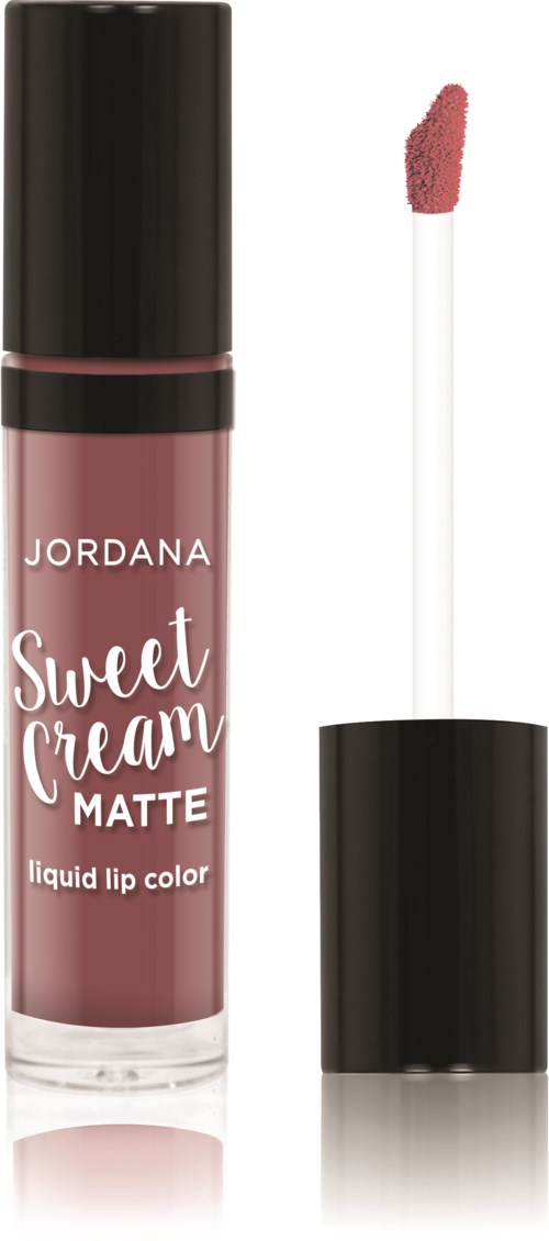 En flydende læbestift med mat finish, mærket Jordana Sweet Cream, med sort låg og lyserødbrun farve.
